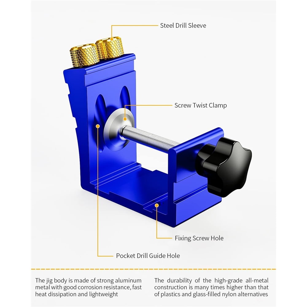 Pocket Hole Jig Kit, Pocket Screw Jig 15 Degree Drilling Locator,Pocket Dowel Hole Jig System Set Wood Joint Angle Tool (Blue)