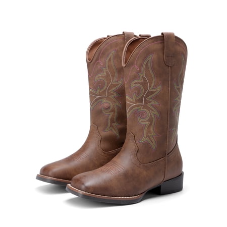 DREAM PAIRS Women's Cowboy Boots Mid Calf Cowgirl Boots Square Toe Chunky Heel Embroidery Stitched Western Boots