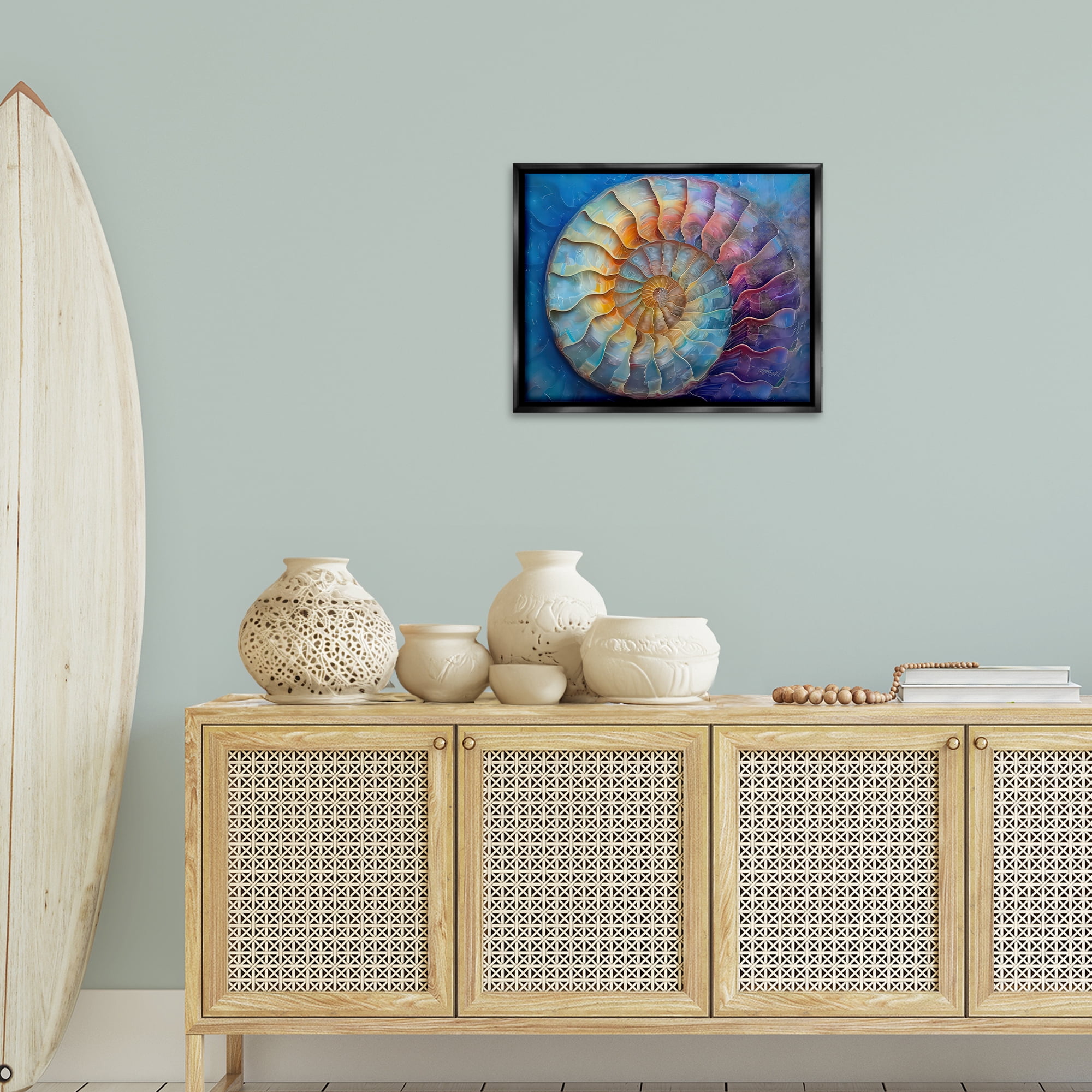 Stupell Industries Maritime Nautilus Spiral Animals Painting Black Floater Framed Canvas Art Print Wall Art, 21 x 17