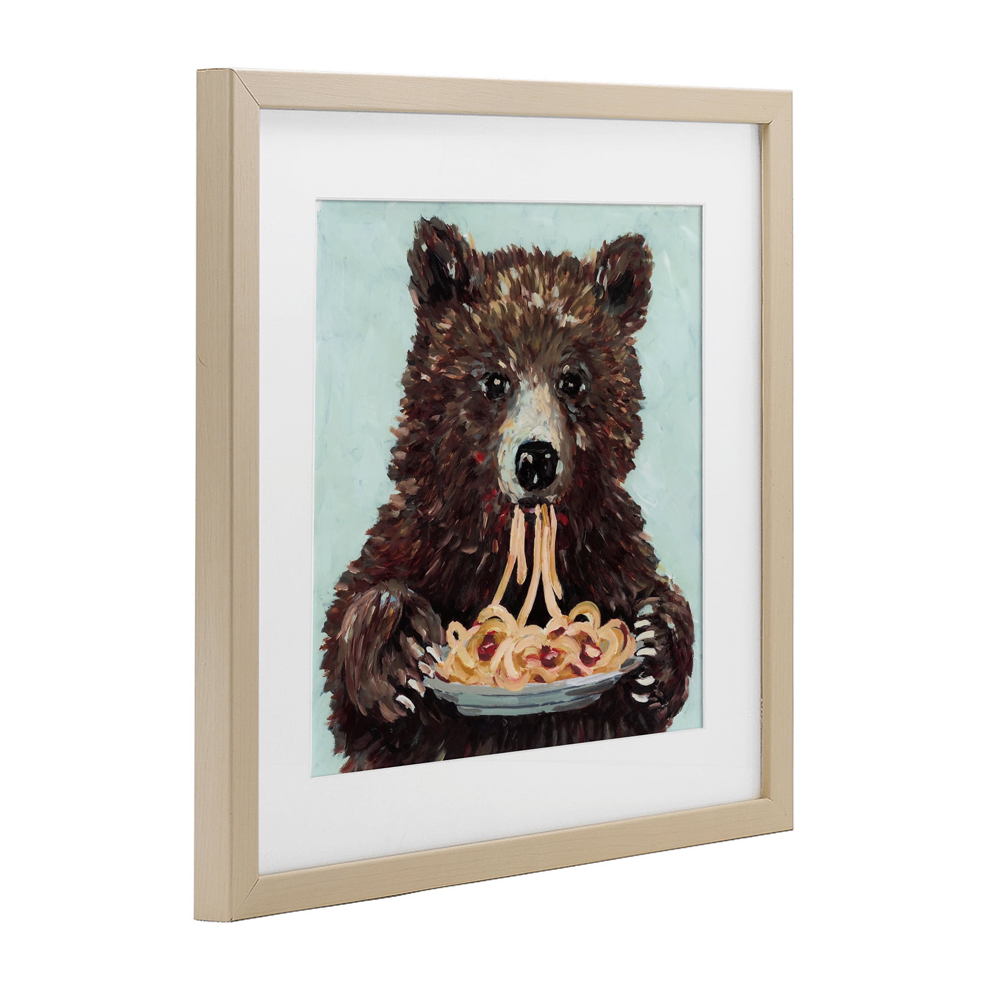 Whimsical Bear & Spaghetti Birch Framed Print Under Glass, design by Studio Bautista