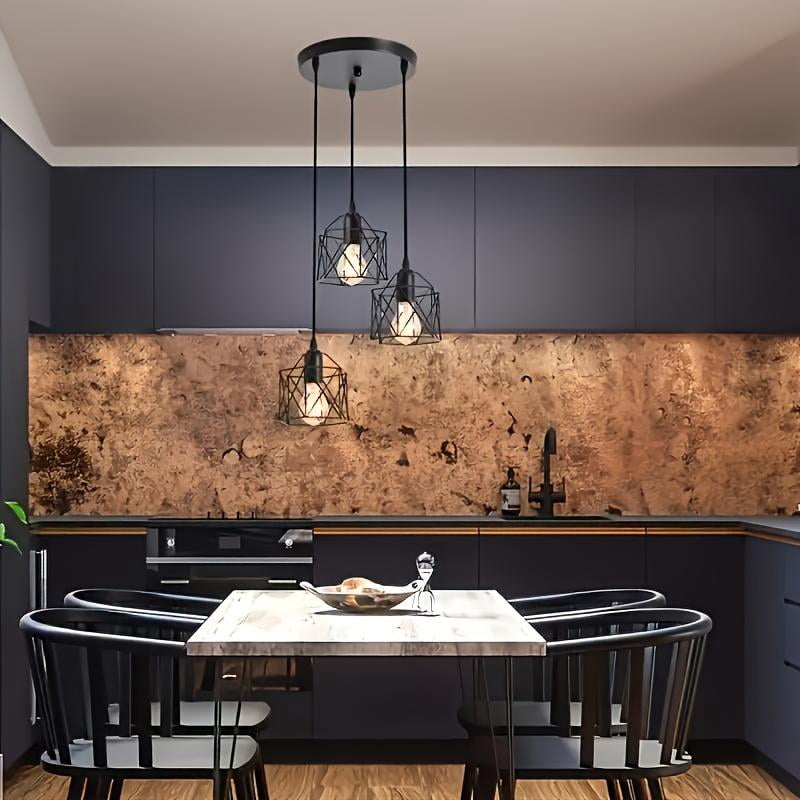3-Light Pendant Light Fixtures, Farmhouse Kitchen Island Light Fixture, Industrial Hanging Pendant Lighting for Dining Room Bedroom, Black Metal Cage Pendant, E26 Base, Bulbs Not Included