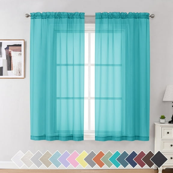 OVZME Short Sheer Curtains 54 inches Length 2 Pieces, Light Filtering Soft Voile Kitchen Curtains Drapes for Half Window/Bedroom/Bathroom/Living Room, 42"Wx54"L ,Turquoise