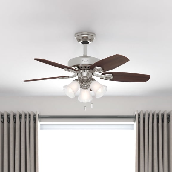 Hunter 42 inch Indoor Ceiling Fan with LED Lights - Ceiling Fan with Pull Chain, For Bedroom or Living Room, Standard Mount, No Remote, 5 Blades, Includes Bulbs - Builder 52106, Brushed Nickel