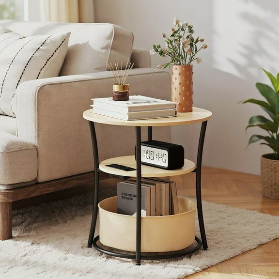 Kadyn Round Side Table with Charging Station, 3-Tier End Table with Fabric Storage Bag and Shelf, Natural Wood