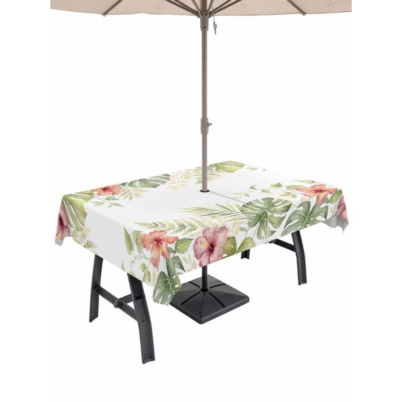 Outdoor Tablecloth with Umbrella Hole for Patio/Picnic/Party/Camping, Tropical Botanical Waterproof Table Cloth Rectangle Table Cover Washable, Farmhouse Leaves Floral Watercolor (60"x 102")