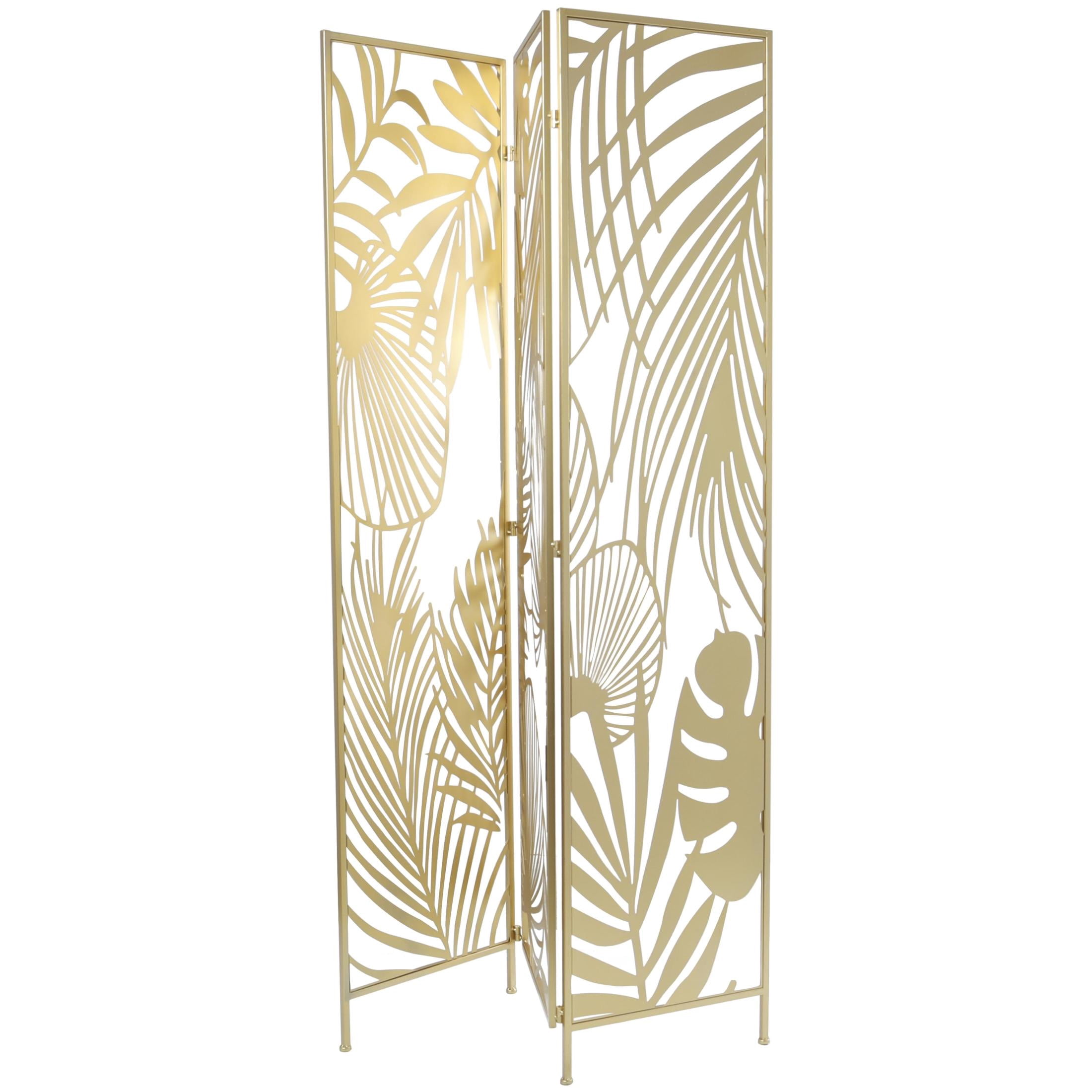 DecMode 48" x 71" Gold Metal Leaf Foldable Partition Cutout Palm Leaf 3 Panel Room Divider Screen, 1-Piece