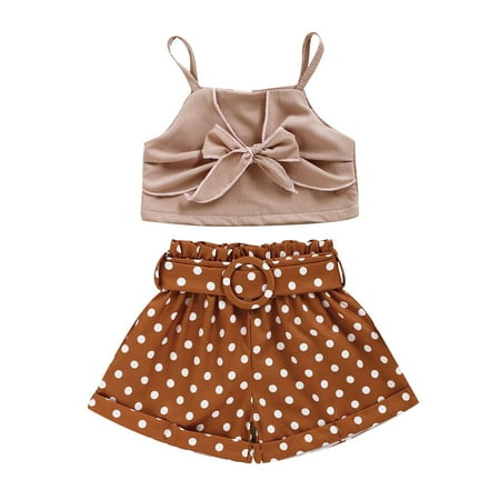 

Toddler Baby Girls Summer Sleeveless Bowknot Suspender Tops+Dot Printed Shorts Outfits Fashion Children s Suit