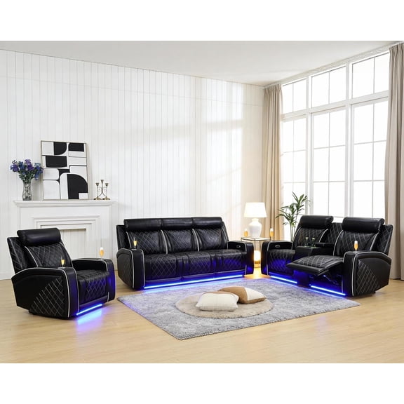 Power Recliner Sofa Set with LED, Breathing Leather Reclining Sofa Set with Cup Holders/Coffee Table/USB Ports, Living Room Set with Recliner Couch Loveseat and Chair (Black)
