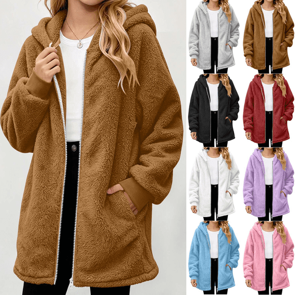 Vmberlty Girls Puff Jackets with Hood Autumn Winter Solid Color Double Fleece Hooded Jackets Loose Casual Mid-Length Zipper Coat Thick Warm Outerwear for Teen Girls