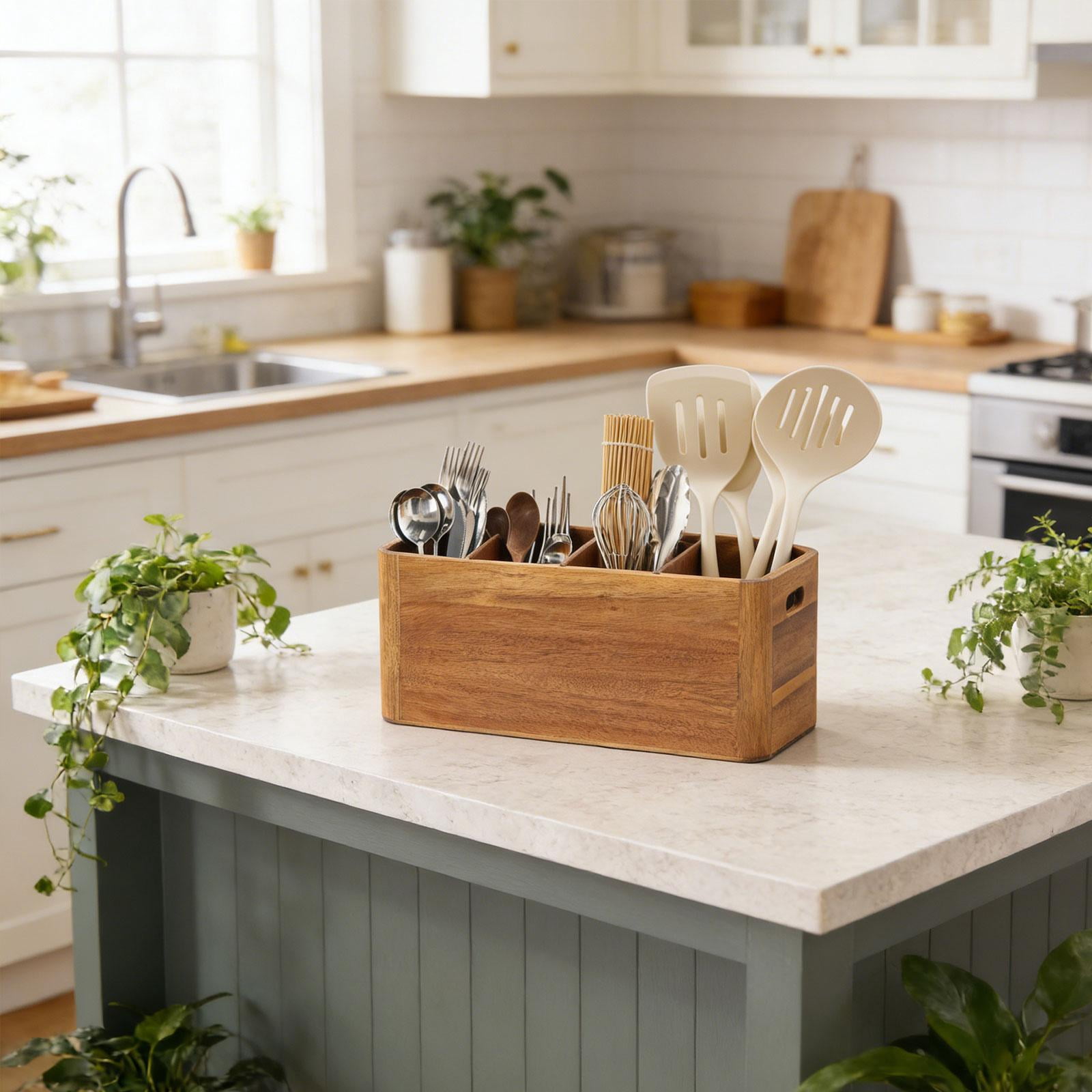 Fiocias Acacia Wood Utensil Holder Cutlery Drainer Easy to Clean Chopsticks Holder Spoon