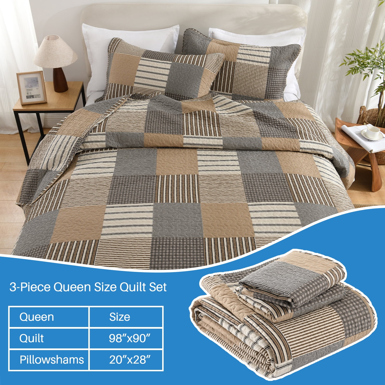 Bedduvit Brown Plaid Queen Size Quilt - 100% Cotton Brown Gray Beige Farmhouse Quilts Bedspread for Queen Bed, Patchwork Cabin Rustic Lightweight Reversible Quilt Set, All-Season 3-Piece Bedding Set