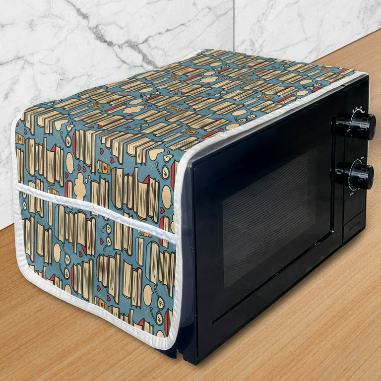 Geek Microwave Oven Cover, Repeating Pattern with Stack of Books Combined with Hearts Coffee and Nerd Glasses, Water Resistant Organizer with Pockets