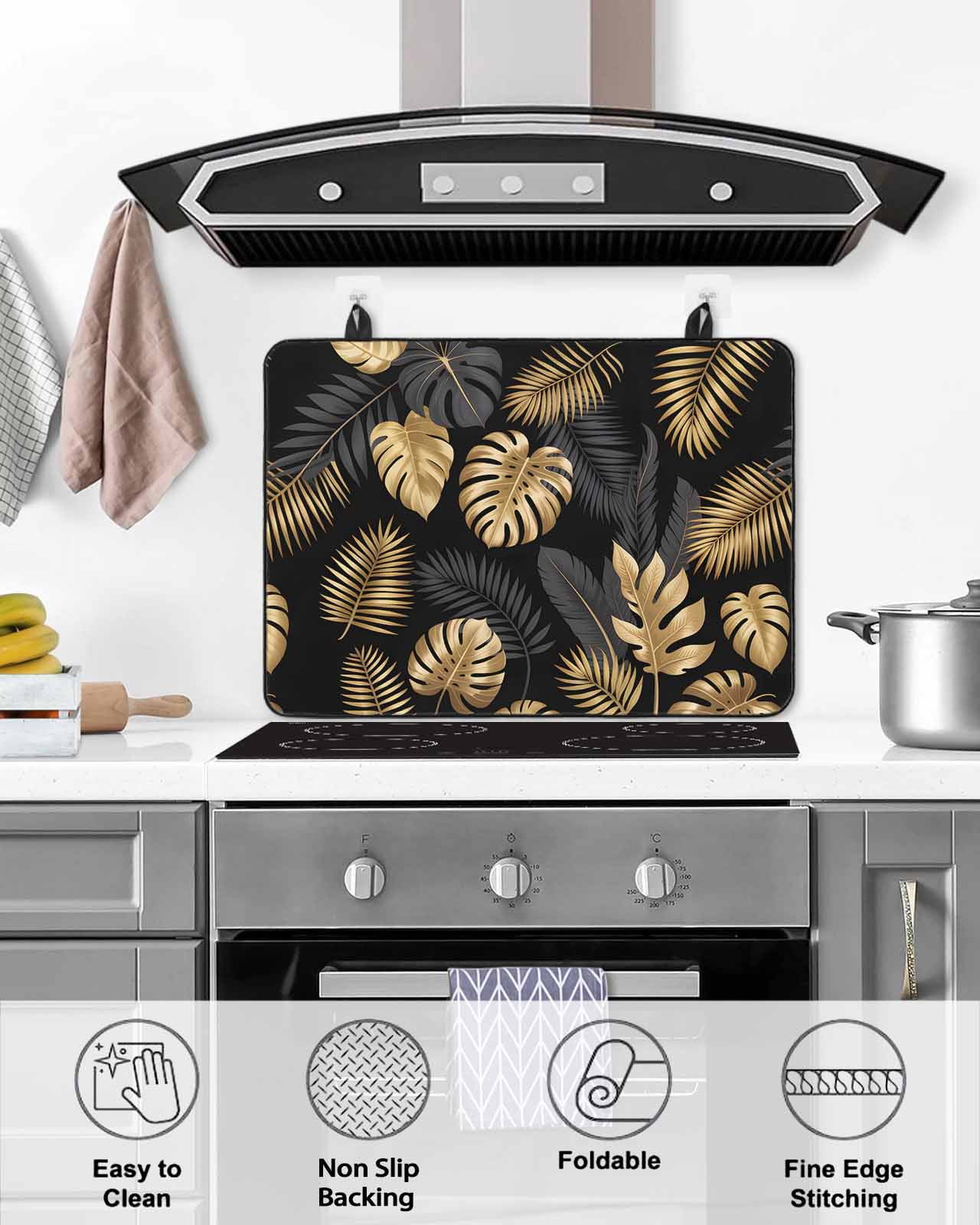 Large Induction Cooktop Protector Mat Black Golden Palm Leaf Stove Top Covers for Electric Stove, Tropical Plant Modern Luxury Decorative Stove Burner Cover Mats, Glass Top Stove Cover