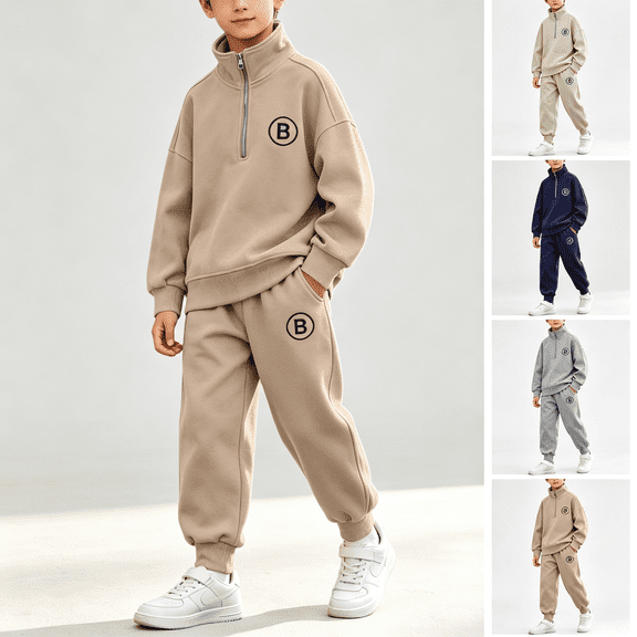 NEBWOAK Boys Tracksuit Set 2 Piece Half Zip Sweatshirt Jogger Pants,Brown Sweatsuit,Size 7-8 T