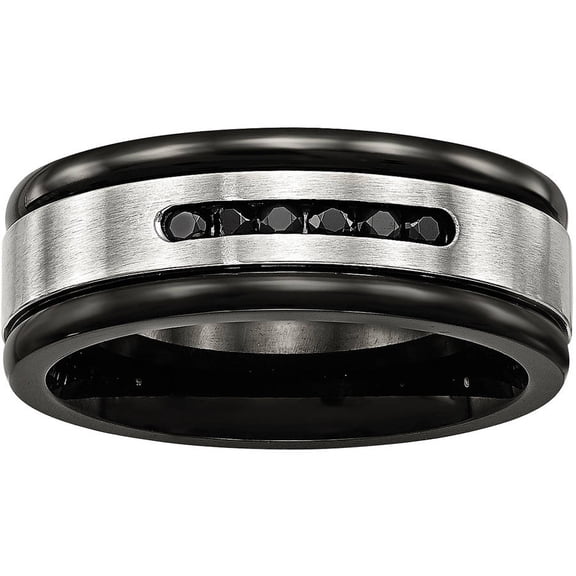 Stainless Steel Brushed/Polished Black IP Grooved Blk CZ Ring