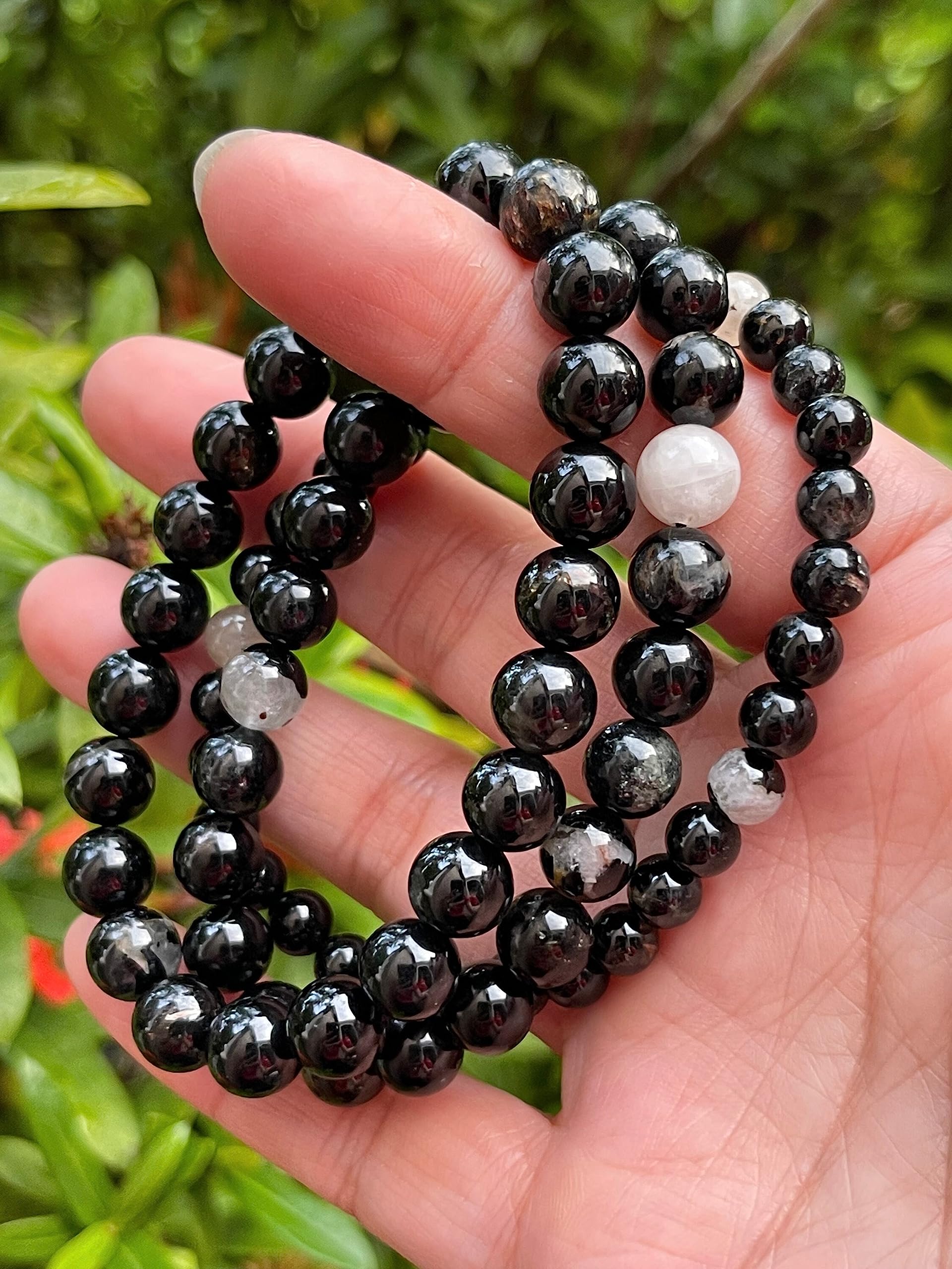 Black Tourmaline With Quartz Crystal Bead Bracelet 6-8mm, Wholesale Genuine Black Tourmaline With Quartz Stretch Gemstone Bracelet, Gift for Men & Women (5)