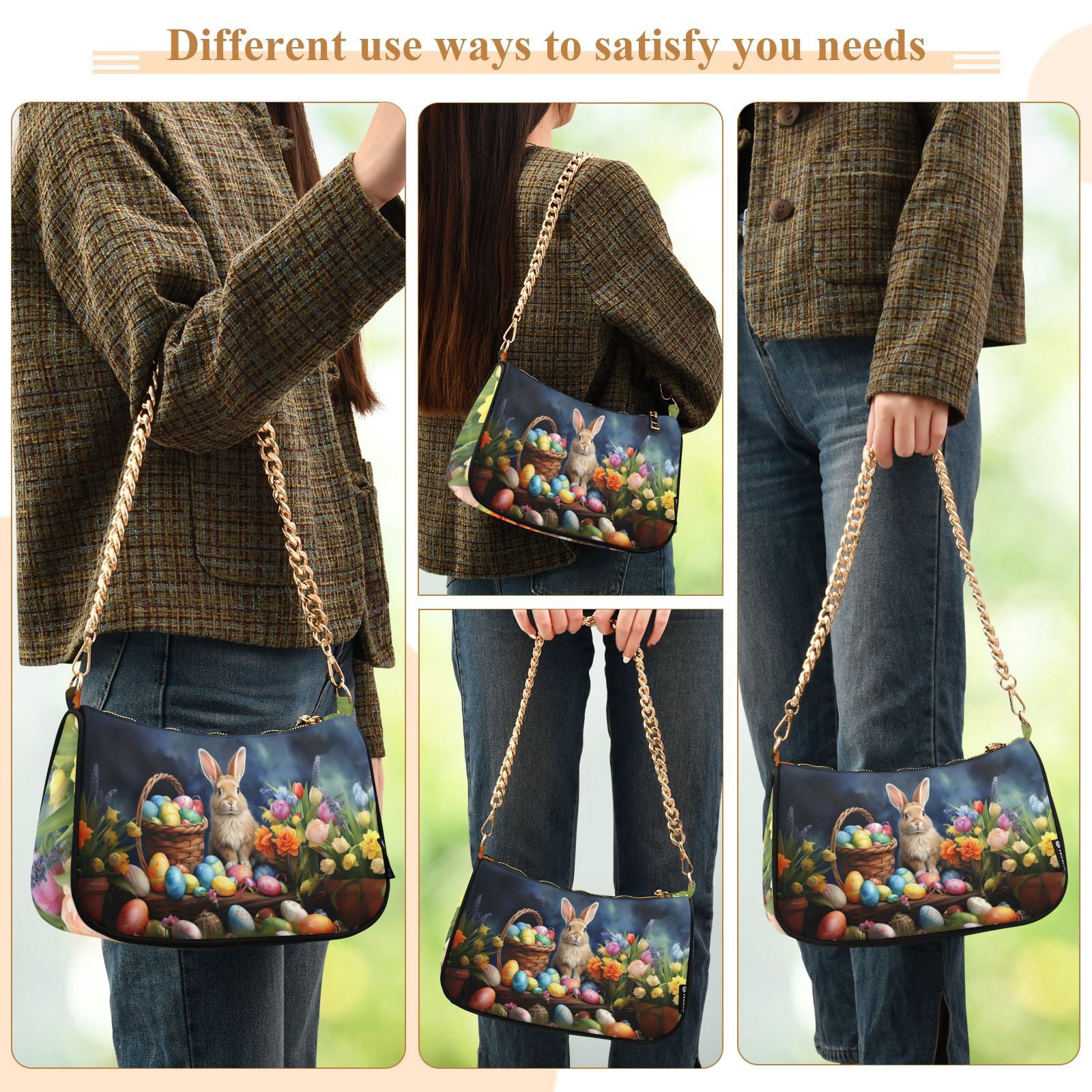 Rabbit Easter Eggs FlowersWomen Small Shoulder Bag Crossbody Tote Hobo Bags Purse Clutch Handbags with Chain Strap for Women