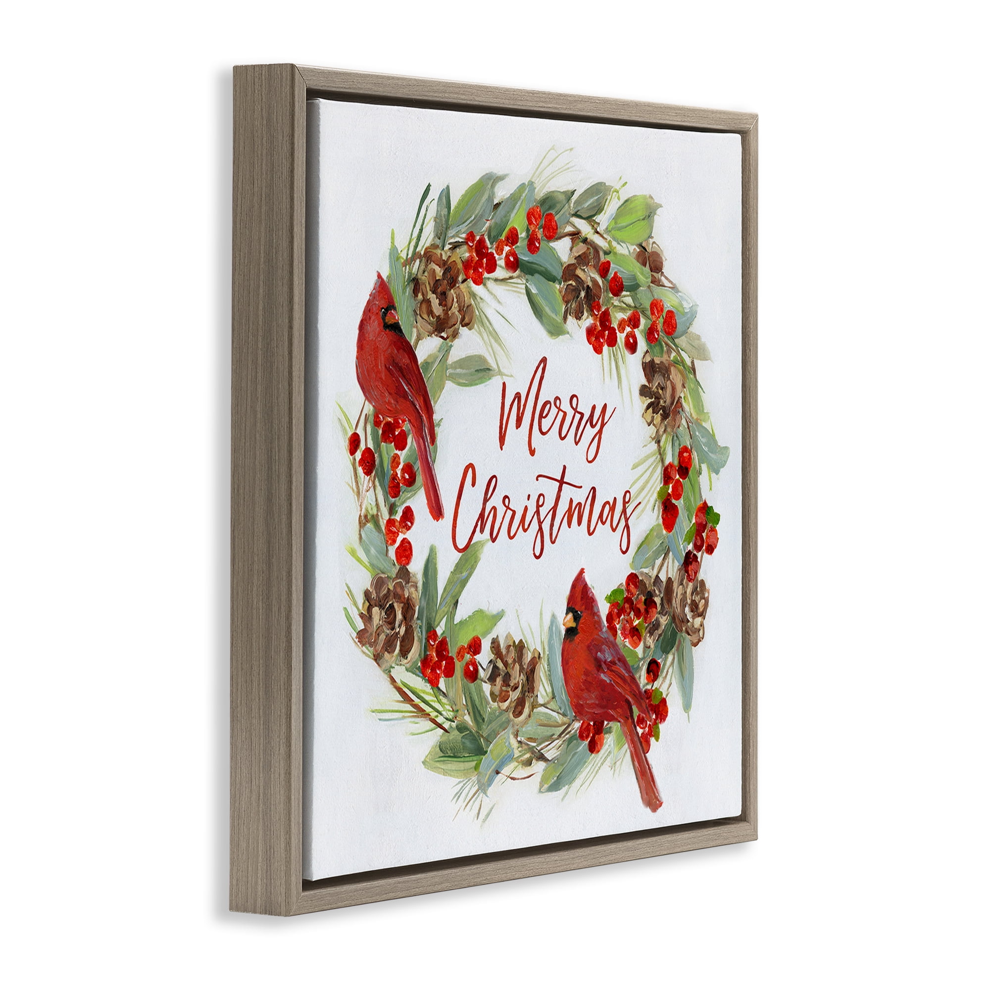 Stupell Industries Cardinals & Merry Christmas Holiday Painting Brown Floater Framed Canvas Art Prints Wall Art, 25 x 25