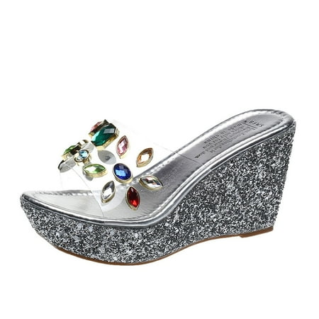 

LIANGP Women s Heel Shoes Summer Women Sequined Wedge Sandals Rhinestone Muffin Thick Bottom Slippers 9cm Ladies Shoes Silver Size 6.5