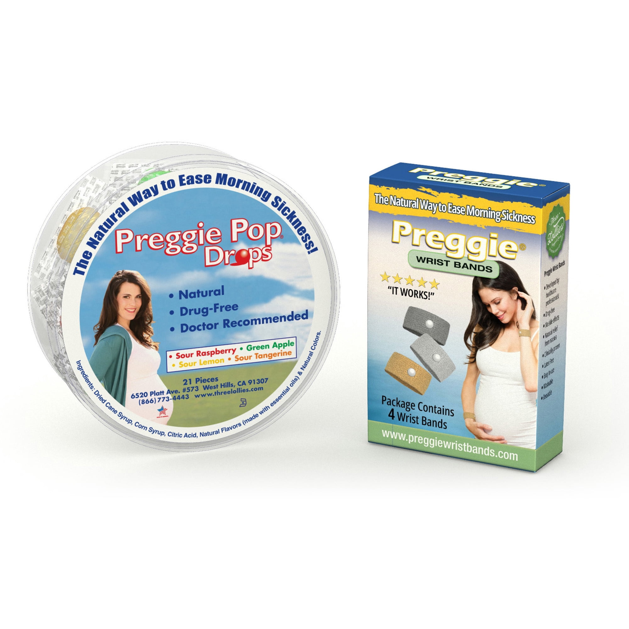 Three Lollies Preggie Pop Drops and Wrist Bands Bundle - Nausea and Morning Sickness Relief for Pregnancy