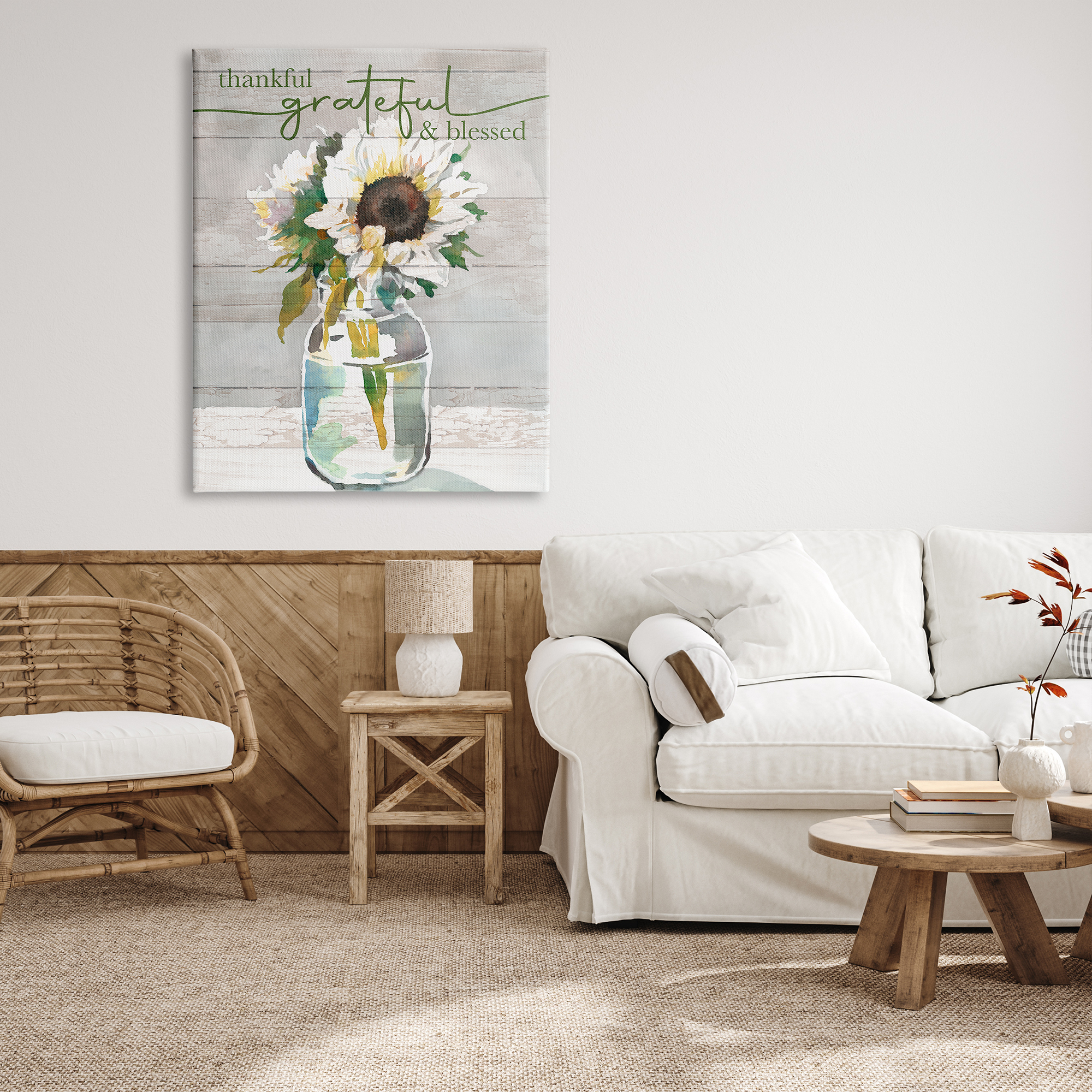 Stupell Industries Grateful & Blessed Layered Sunflower Country Planked Pattern Graphic Art Gallery Wrapped Canvas Print Wall Art, Design by Theresa Heidel