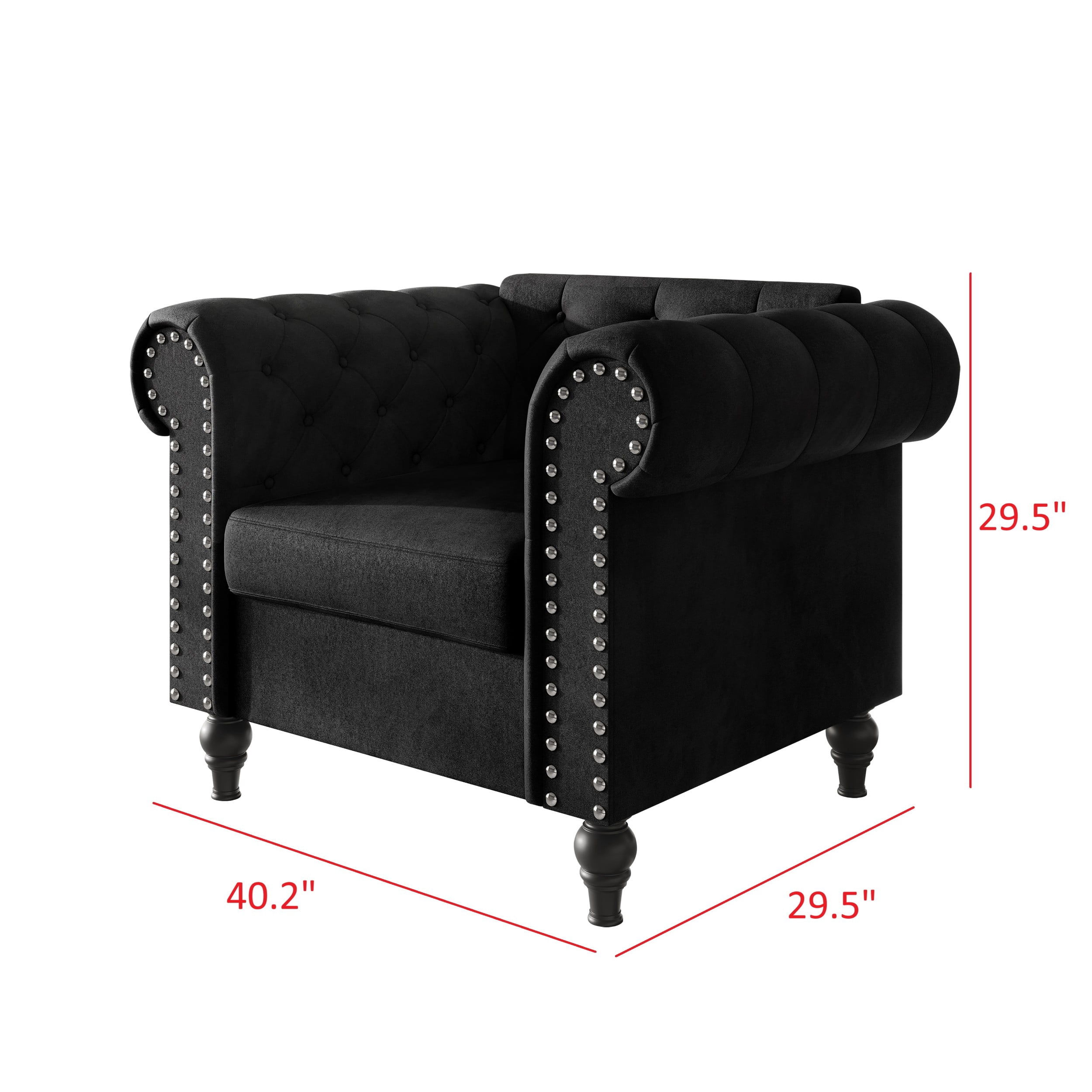 Home Design Kelso 3-Piece Velvet Living Room Set With Rolled Arm Chair, Loveseat and Sofa, Deep Button Tufting and Turned Legs, Black