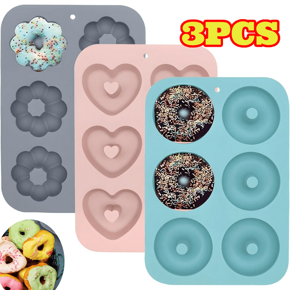 3pcs Silicone Donut Baking Molds, Non-stick Donut Pan for Baking, Making Heart-Shaped, Flower-Shaped, Round Donuts, Oven and Dishwasher Safe