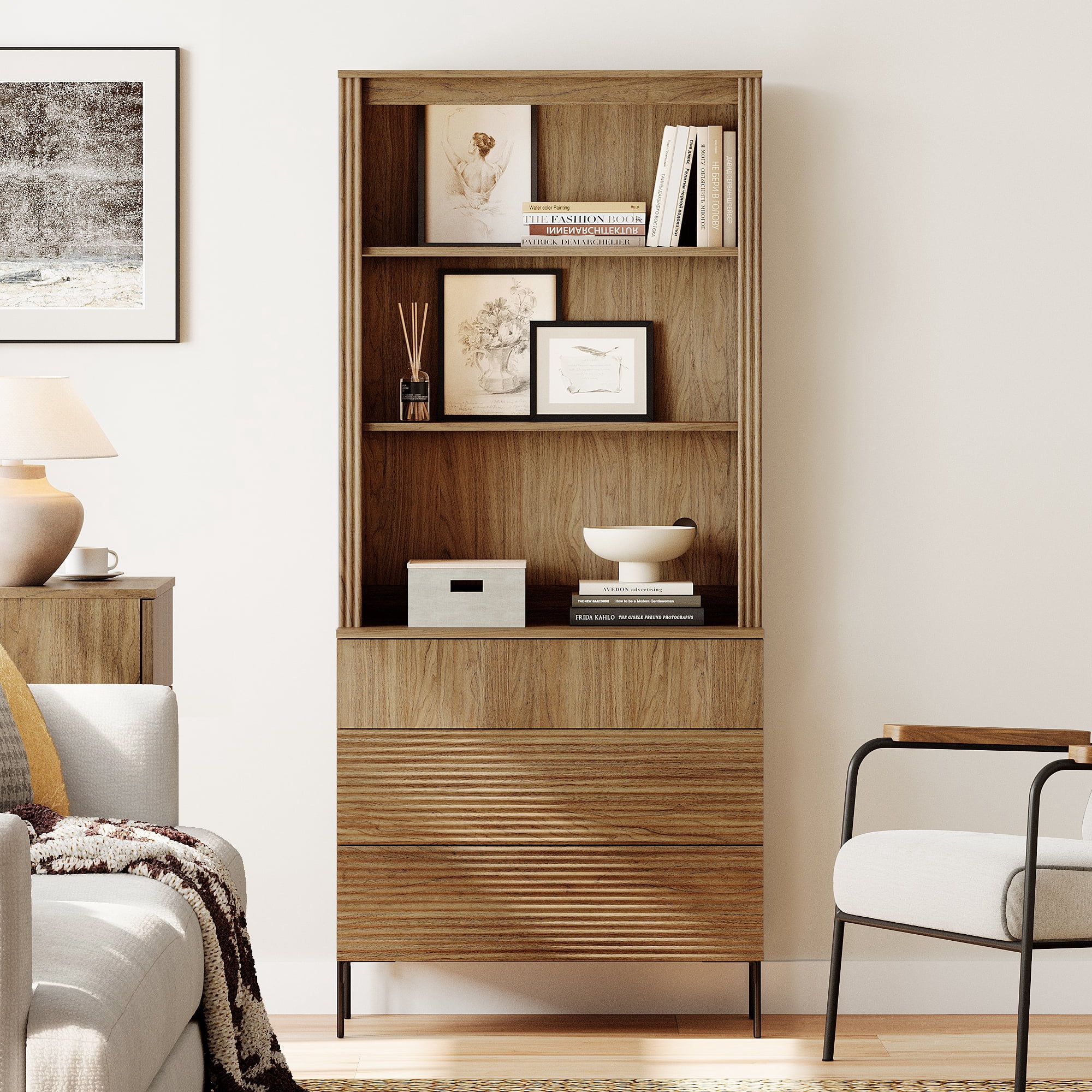 71.6" Tall Modern 3 Tier Bookcase with Storage Cabinet, Wooden Display Cabinet with Fluted Drawers and Adjustable Shelves, Versatile Bookshelf for Living Room, Study, Office