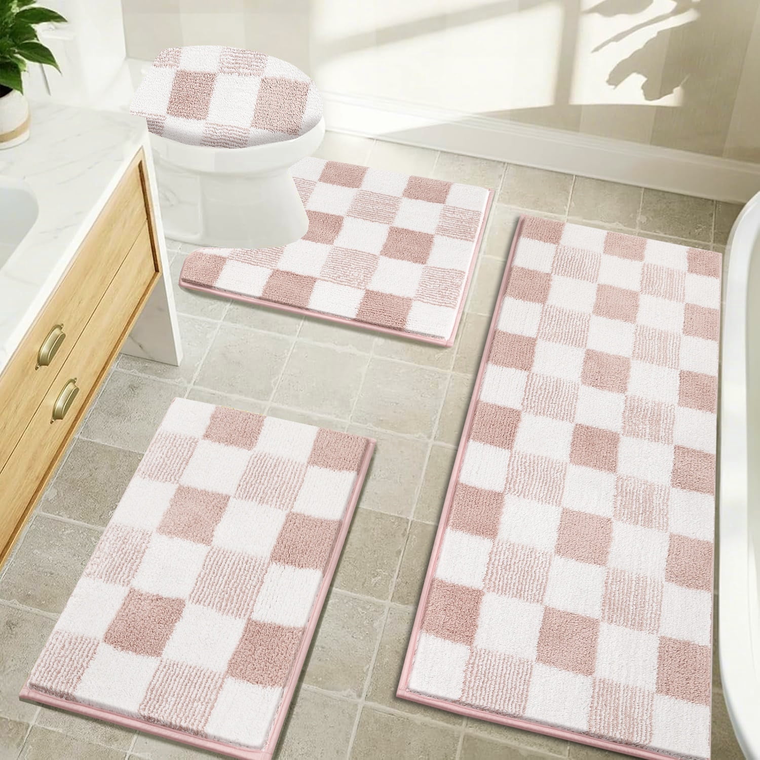 Bathroom Rugs, Yamaziot Checkered Pink Bath Rugs Runner with Toilet Mat, Non Slip Water Absorbent Microfiber, 4 Count