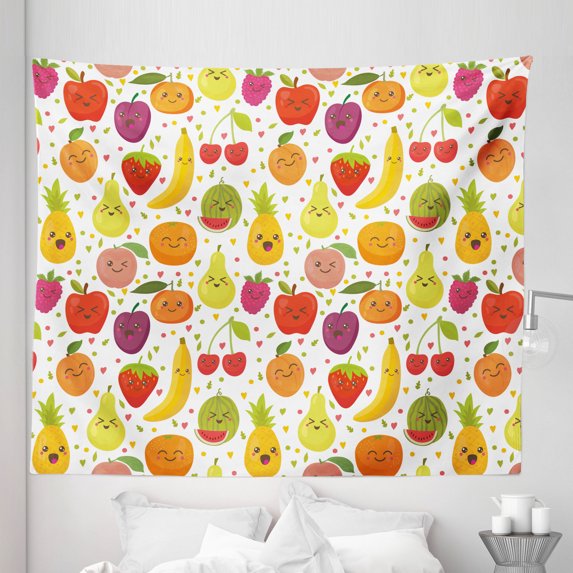 Fruits Tapestry, Smiling Banana Funny Mulberry Happy Apricot Peach Hearts Lemons Theme, Fabric Wall Hanging Decor for Bedroom Living Room Dorm, 5 Sizes, Multicolor, by Ambesonne