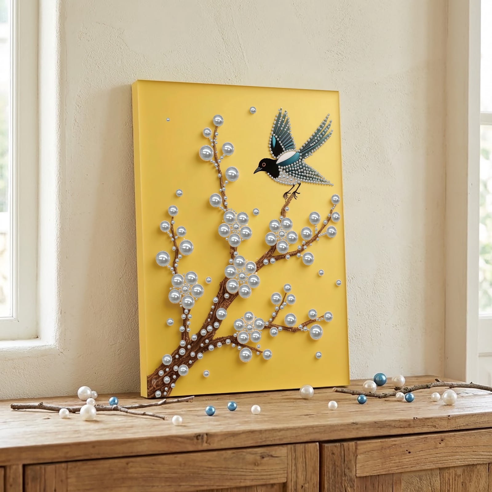 FLOPESN DIY Gemstone Pearl Diamond Art Painting Kit with Frame, 11.81x15.75in Colored Canvas, Home Decor Display for Tabletop and Wall -Bird