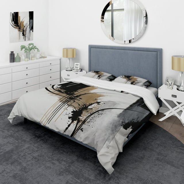 Designart "Expression in Black, White, and Gold II" Abstract Bedding Covert Set - Modern Black Geometric Bed Set With 2 Shams