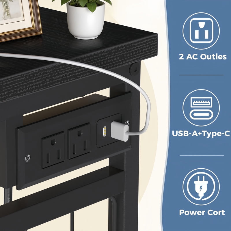 BEAUTYPEAK 6-Drawer Fabric Dresser with Hanging Rack LED Lighting Built-in Charging Station Multi-Purpose Closet, Wood Grain Black
