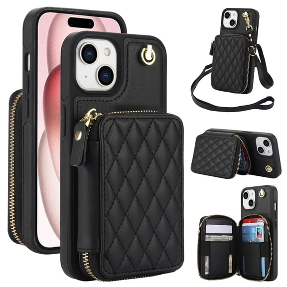 Crossbody Wallet Case for iPhone 15 Plus, RFID Blocking Zipper Handbag Purse Flip Cover, Kickstand Folio Case Card Slots Holder Wrist Strap Lanyard