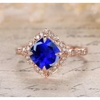 Handmade 2.05 Carat Blue Sapphire 7mm Cushion Cut And Moissanite Diamond Engagement Ring in 10k Rose Gold for Women on Sale