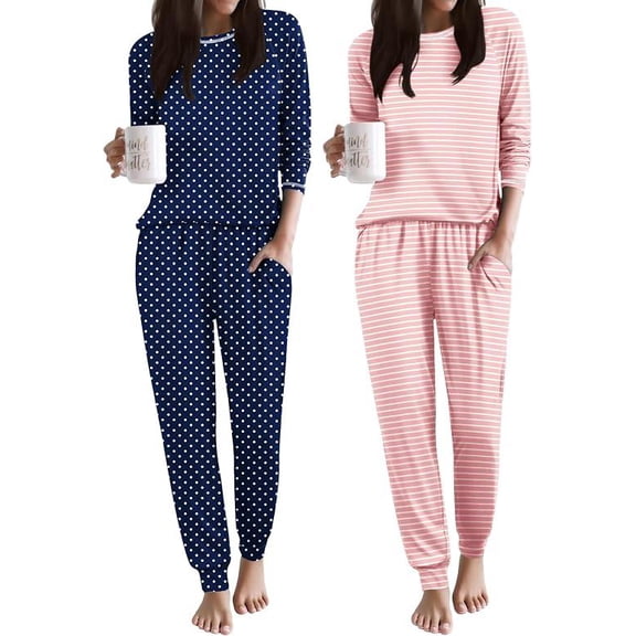 Ekouaer 2 Pack Womens Pajama Set Soft Pjs Long Sleeve Top With Jogger Pants Lounge Sets Sleepwear Loungewear with Pockets