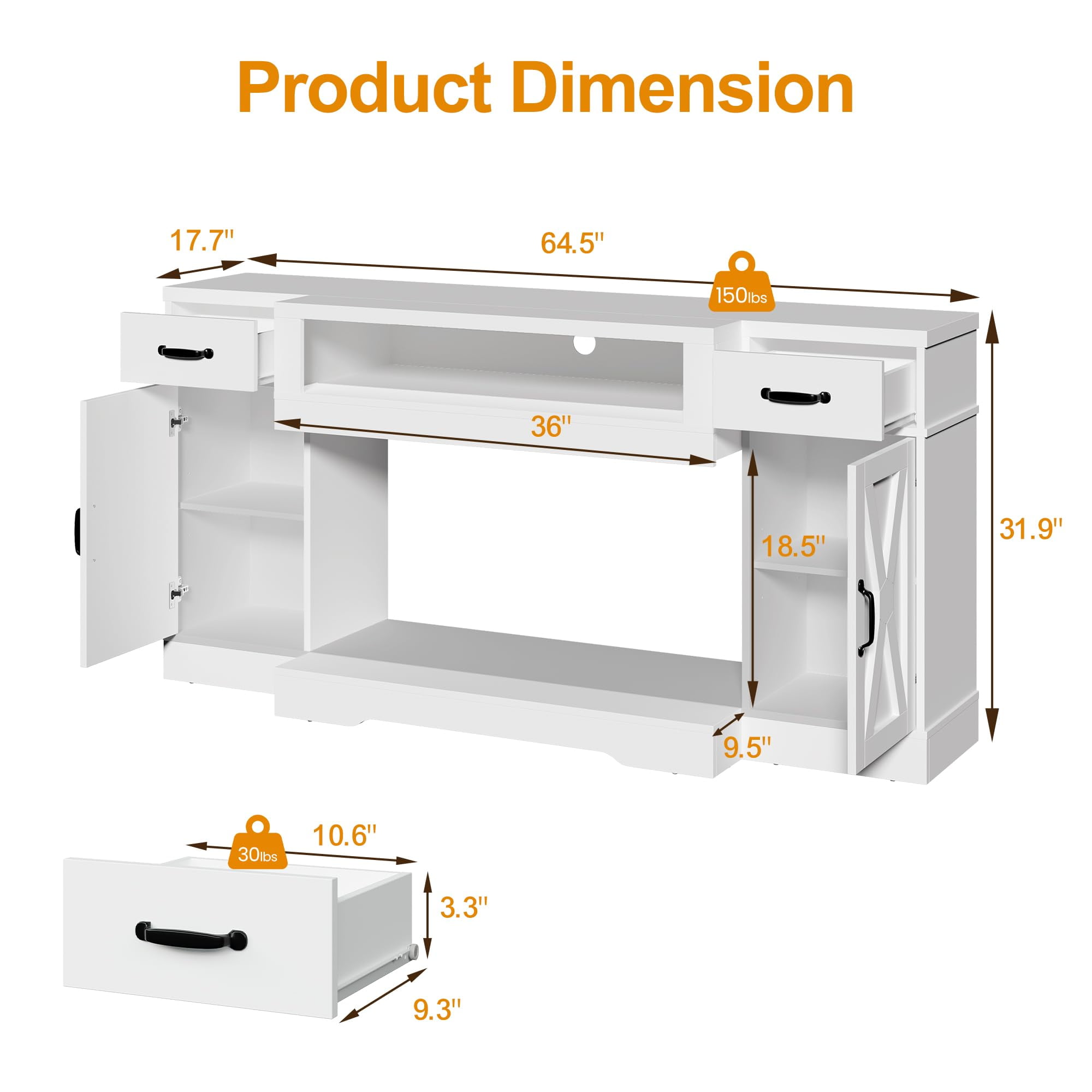 Heynemo TV Stands for TVs up to 75'', Farmhouse Media Console Table with Adjustable Shelves, Double-door Design, Entertainment Center for Living Room, Study Room, Bedroom, White