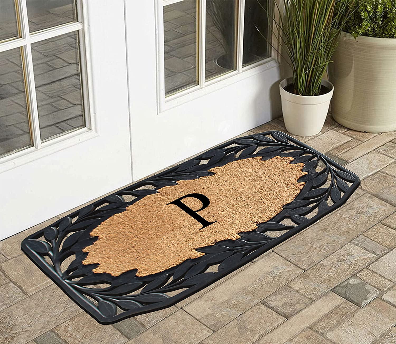 A1 Home Collections Floral Black, Beige, Multi-color Rubber and Coir Doormat for Outdoor Entrance Non Slip Backing Front Door Mat, 23" x 38"