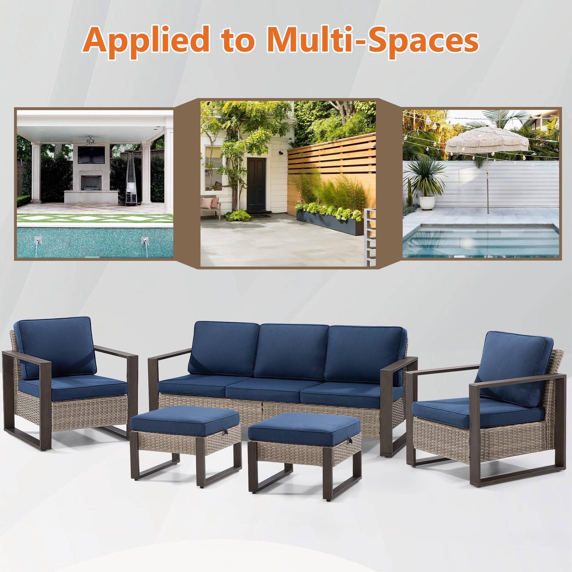 MeetLeisure 5 Pieces Wicker Patio 75" Sofa Set, All Weather Rattan Outdoor Conversation Furniture with Wood-Looking Metal Armrest & Removable Cushions for Deck Backyard Porch, Dark Blue