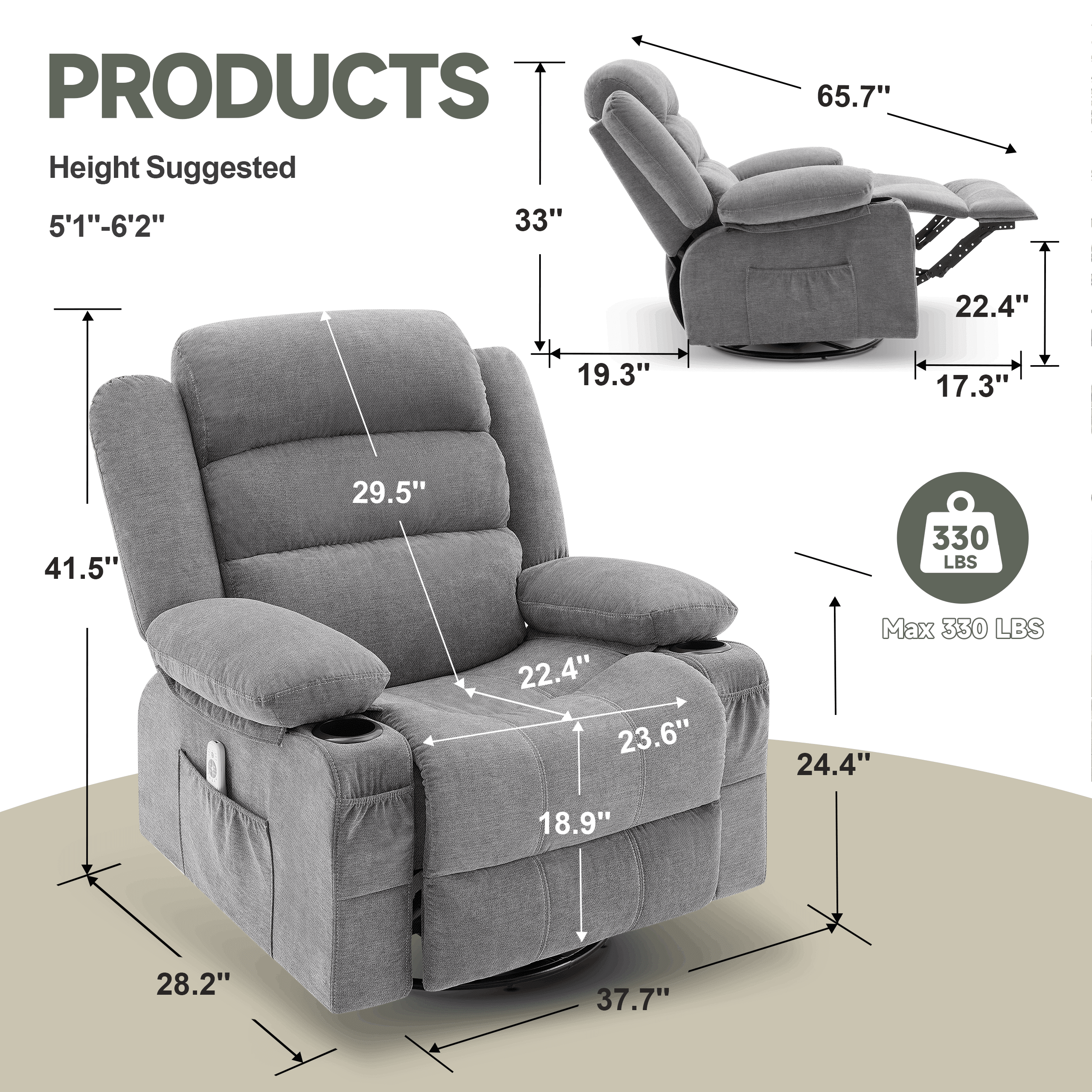 Rocker Recliner Chair with Heat and Massage, 360° Swivel Recliner Chairs for Adults, Oversized Recliner Single Sofa Seat with Cup Holders, Lazy Boy Recliner Single Sofa Seat, Grey