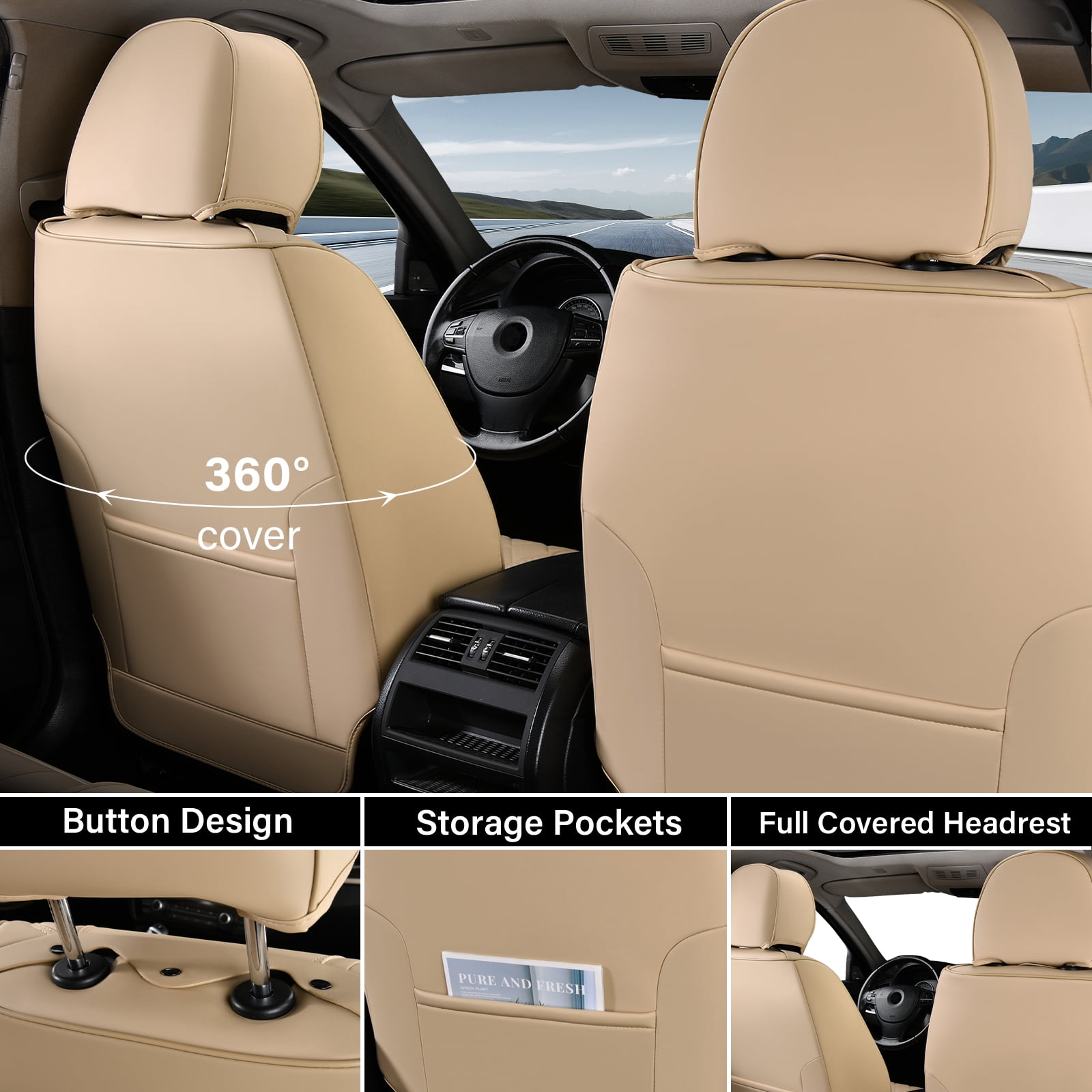 Coverado Car Seat Covers Full Set, Waterproof High-grade Leather Seat Protectors with Lumbar Support, Auto Cushions Universal Fit for Most Cars SUV Trucks, Beige