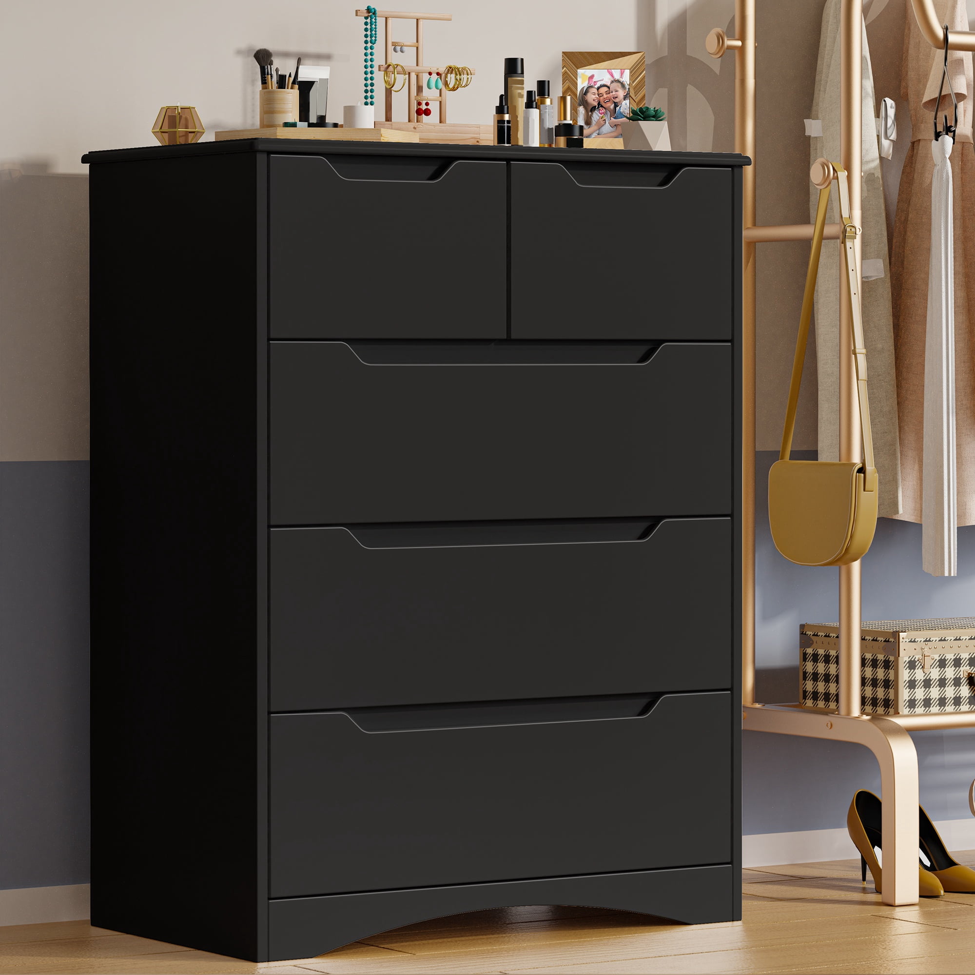 Dresser for Bedroom, Asofer 5 Drawer Dresser with Cutout Handle, Sturdy Wood Storage Cabinet, Black
