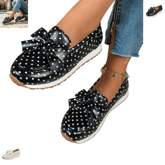 YOUYEDIAN Loafers for Women Fall Versatile Slip On Comfy Fashion Polka Dot Round Toe Flats Casual Bow Deco Outdoor Walking Shoes