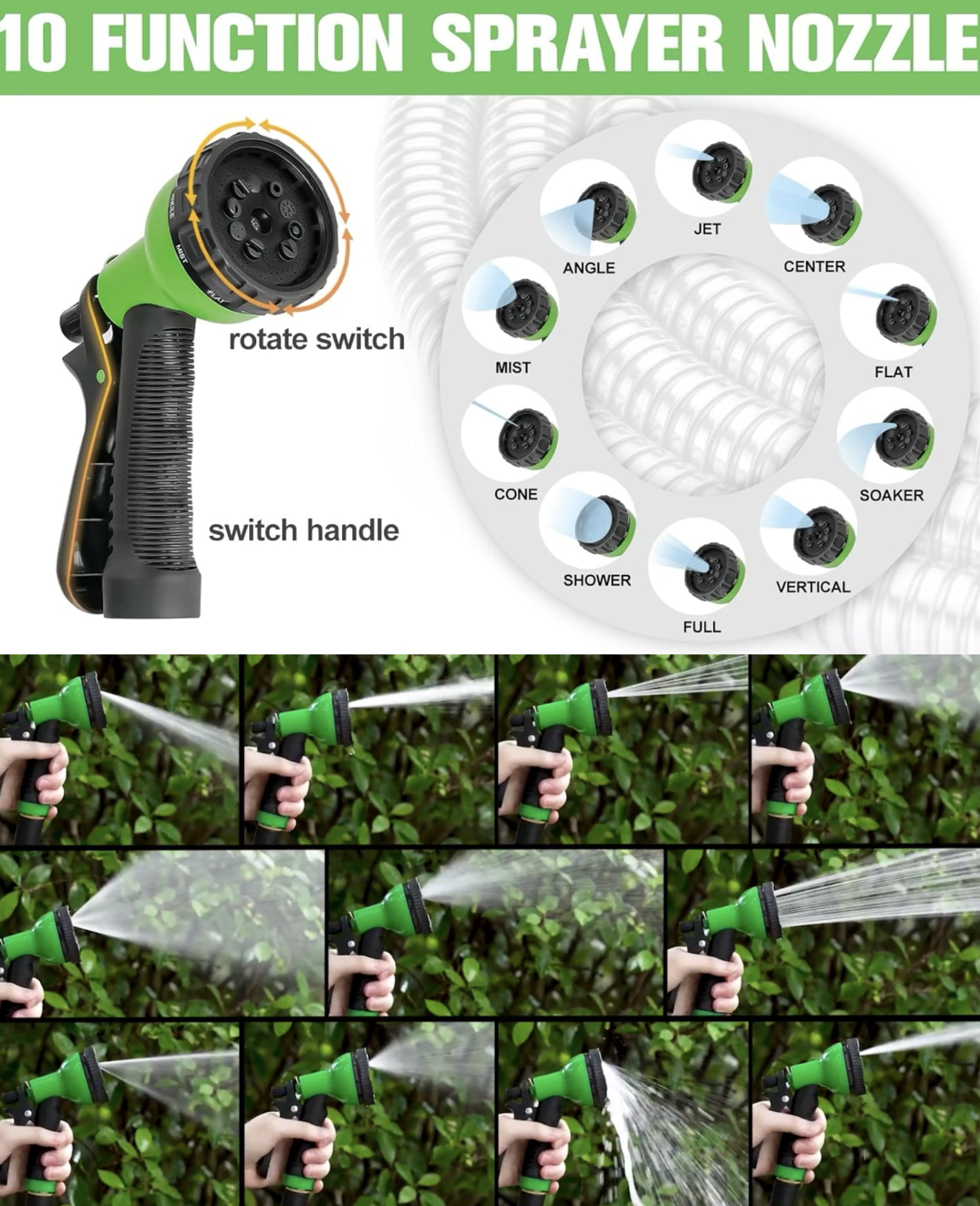 Garden Hose 50FT, Water Hose with 10 Function Nozzle, Garden Hose Metal with Leak-proof Connectors) No-Kink, Lightweight, Puncture-proof, Pet-proof, Sturdy, Hose for Outdoor, Yard