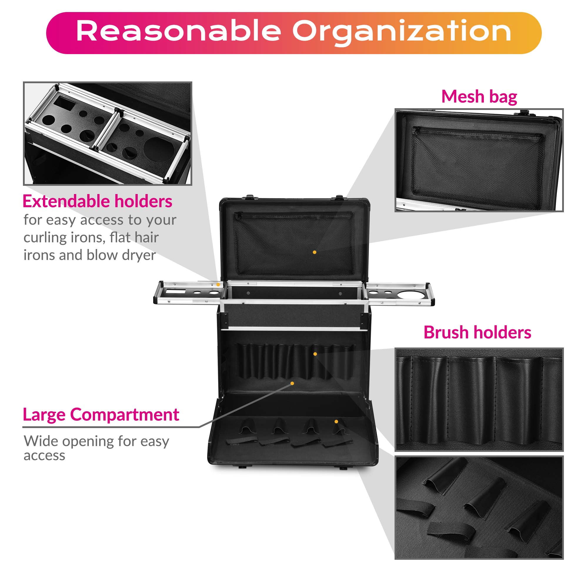 Byootique 15x9x14" Rolling Hair Makeup Case Train PVC Baber Salon Clipper Trimmer Tool Box w/ Appliance Holders
