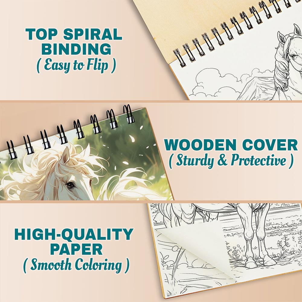 Netecom Horse Coloring Book Spiral Bound For Adults, A5 Wooden Cover, 30 Majestic Coloring Pages of Horses in Nature for Stress Relief and Relaxation