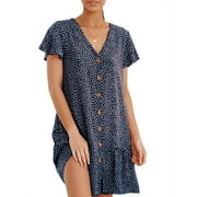 SySea Summer V-neck Women Print Casual Buttons Dress Loose Swing Short Mini Dress
