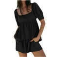 thumbnail image 2 of QATAINLAV Women's Cotton Linen 2 Piece Outfits Cute Puff Sleeve Square Neck Pleated Tops and Elastic Waist Bermuda Shorts Summer Lounge Sets Black M, 2 of 8