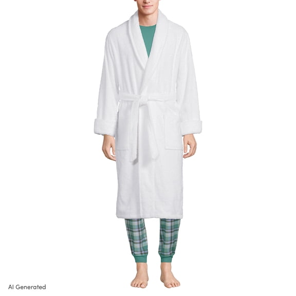 Lands' End Men's Full-Length Turkish Cotton Terry Bathrobe – 55" Length | Plush, Absorbent, 2 Pockets, Spa Comfort
