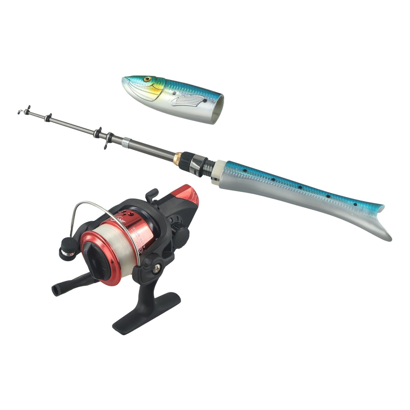 Fishing Rod Powerful Carbon Fiber Fishing Rod And Reel Combo Fish Shaped Design Portable Pocket Pen Casting Spin Reel Blue Rod Only Fangkenuo